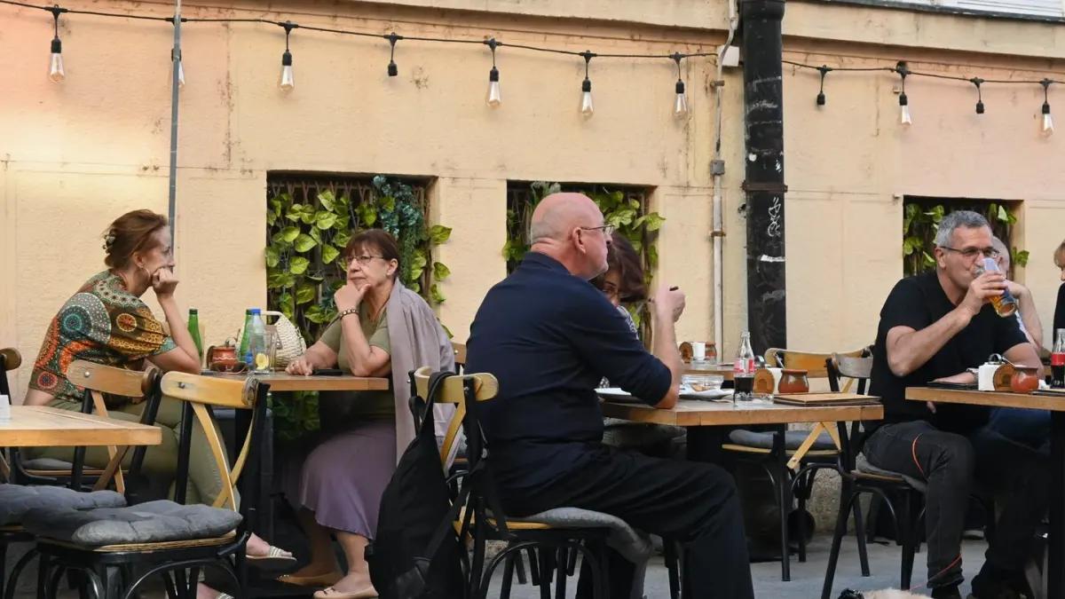 Dog at an outdoor cafe