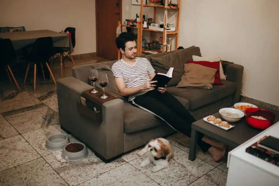 Dog eating from a bowl at home