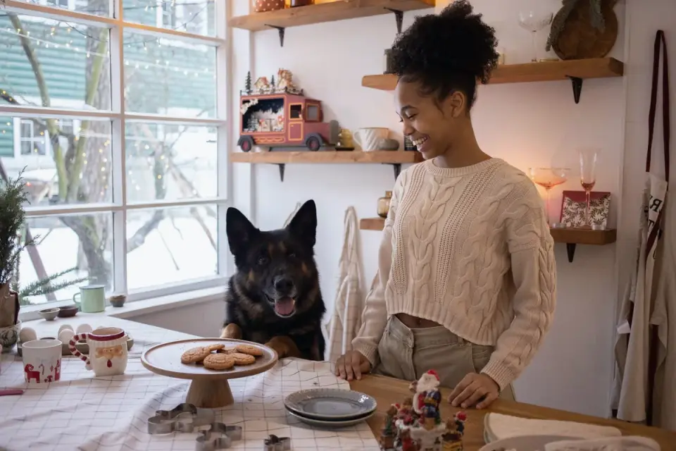 Dog in kitchen with owner