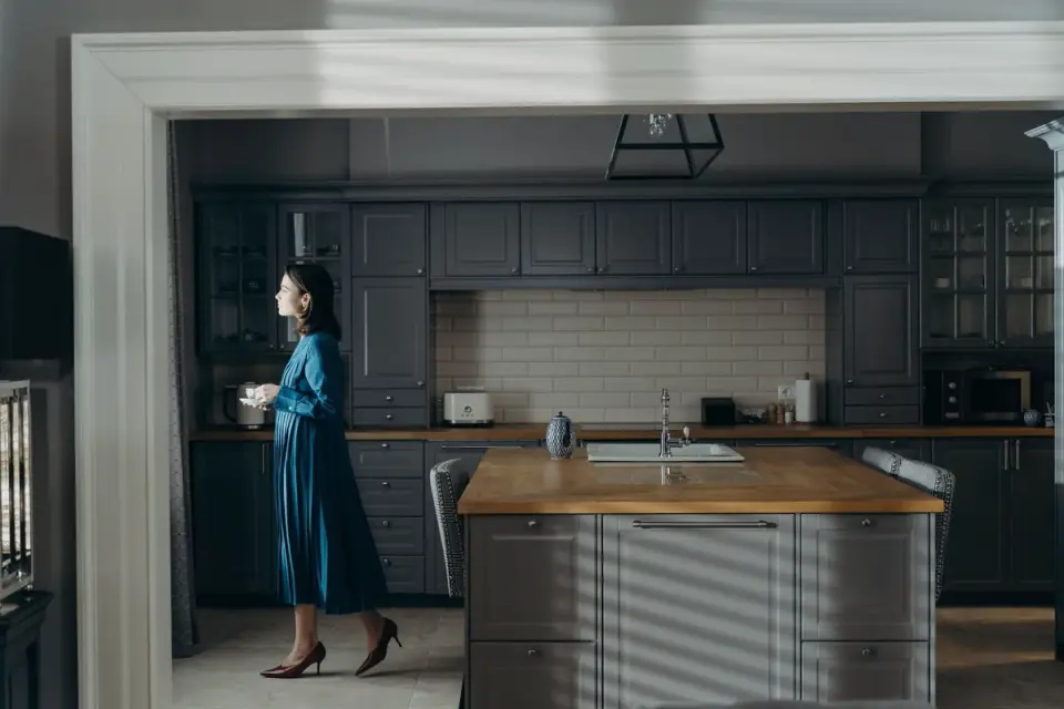 Dog in kitchen with owner
