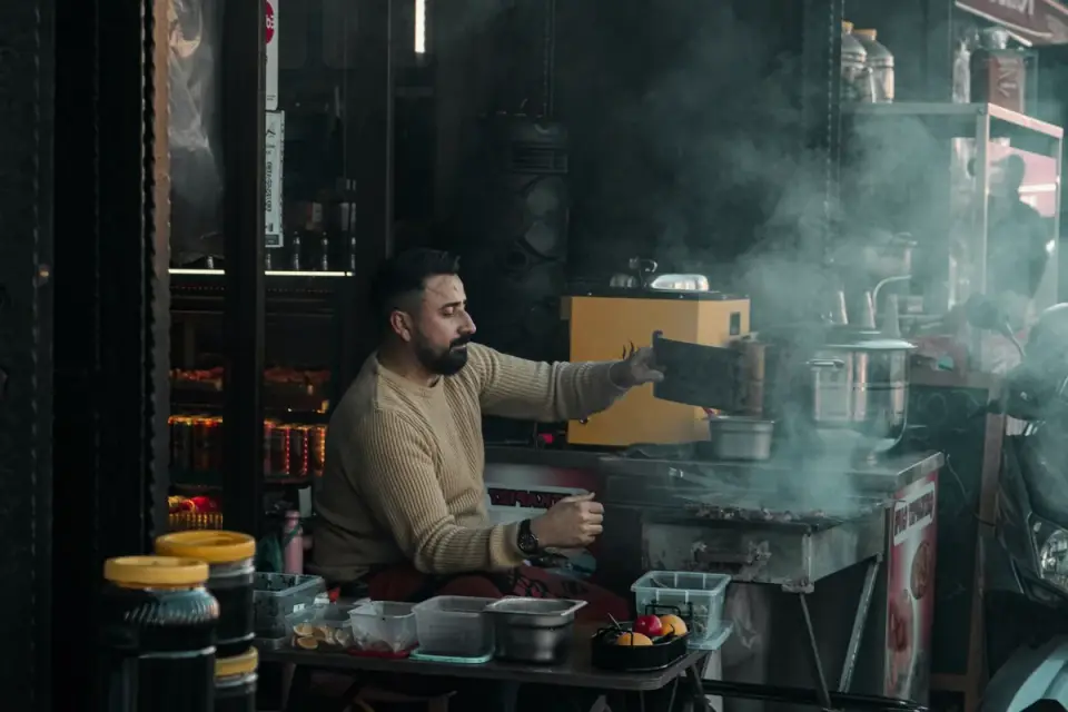 Dog owner preparing a meal