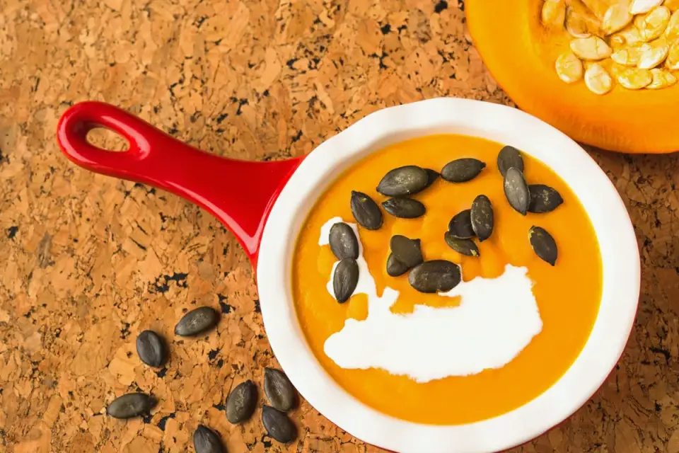 Small measured portions of plain chicken and pumpkin puree next to a dog's kibble